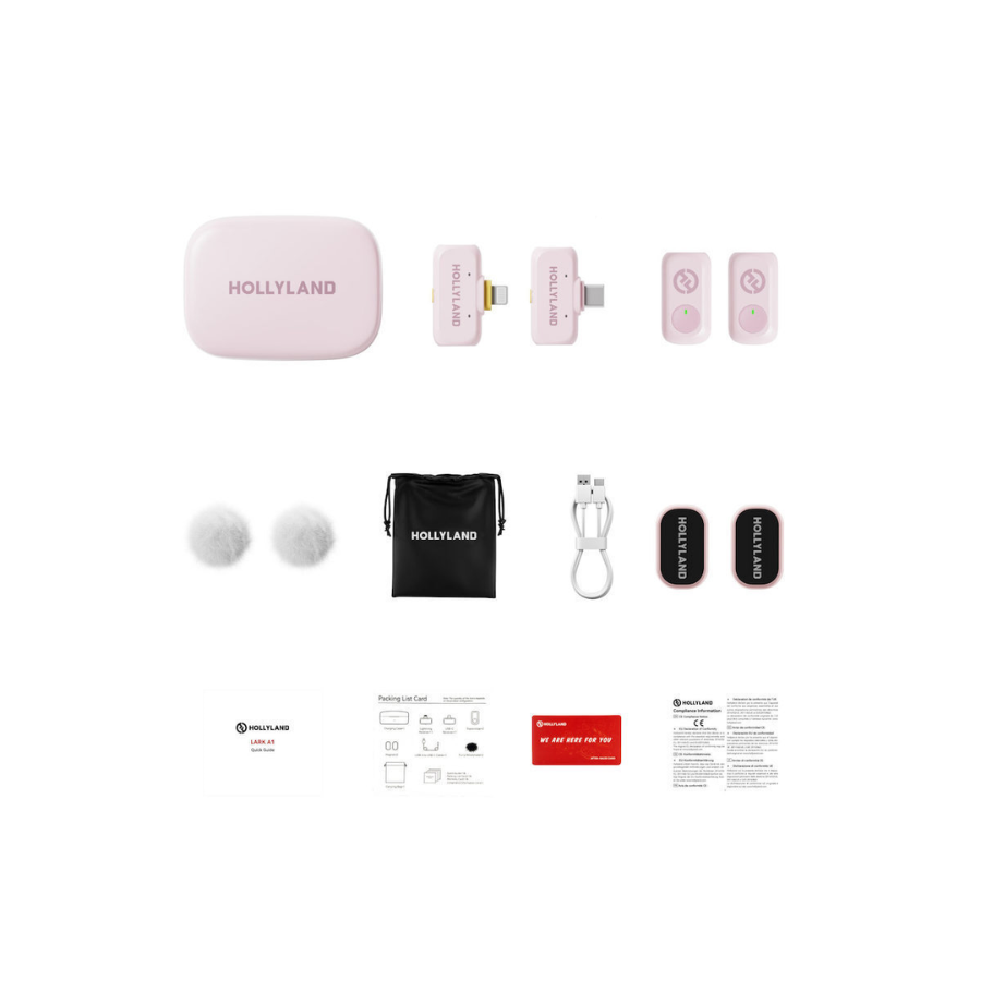 Hollyland Lark A1 Wireless Lavalier Microphone System - 48kHz/24-bit Audio, 200m Range, Omnidirectional Dual-Mic Kit (Cloud Pink)