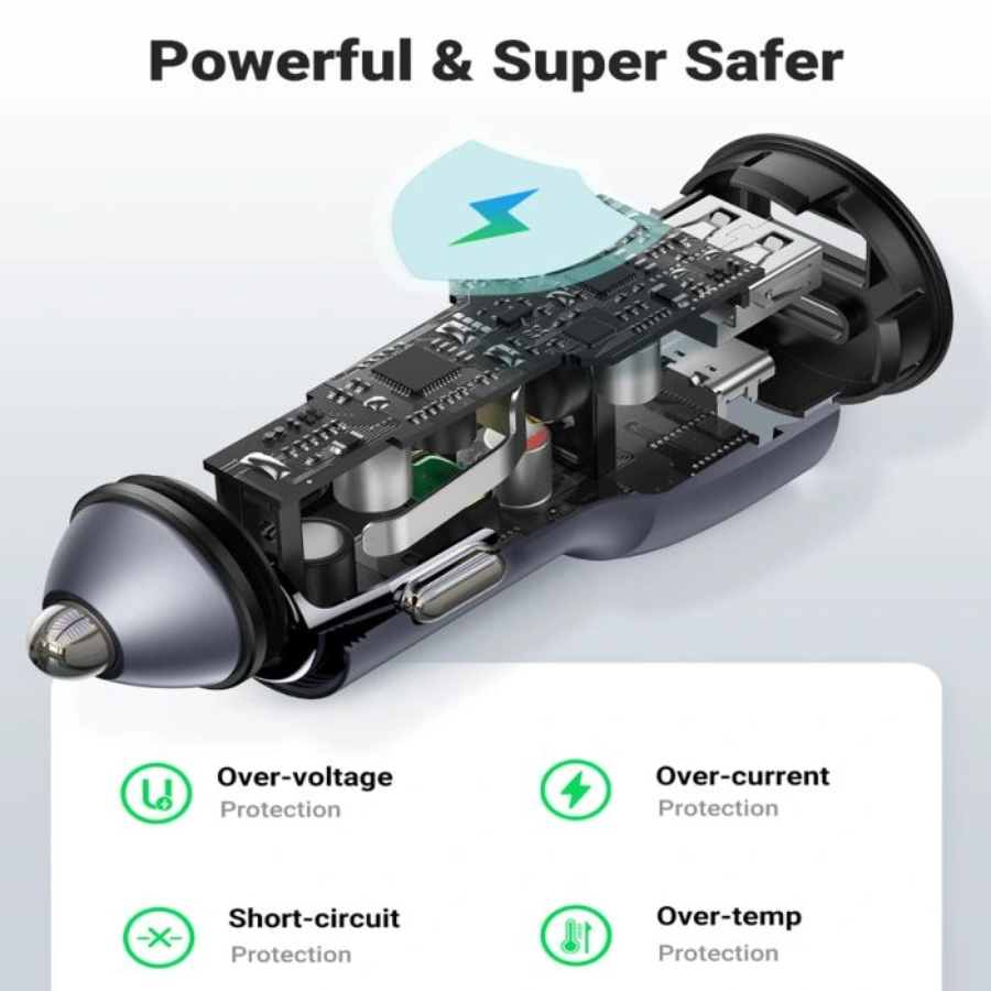 Ugreen 52.5W Fast Car Charger - Dual Port USB-C & USB-A Phone Adapter, PD & QC Support, Premium Aluminum Case
