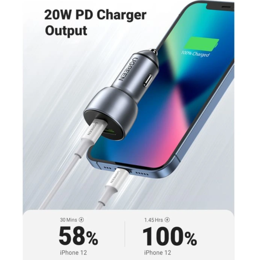 Ugreen 52.5W Fast Car Charger - Dual Port USB-C & USB-A Phone Adapter, PD & QC Support, Premium Aluminum Case