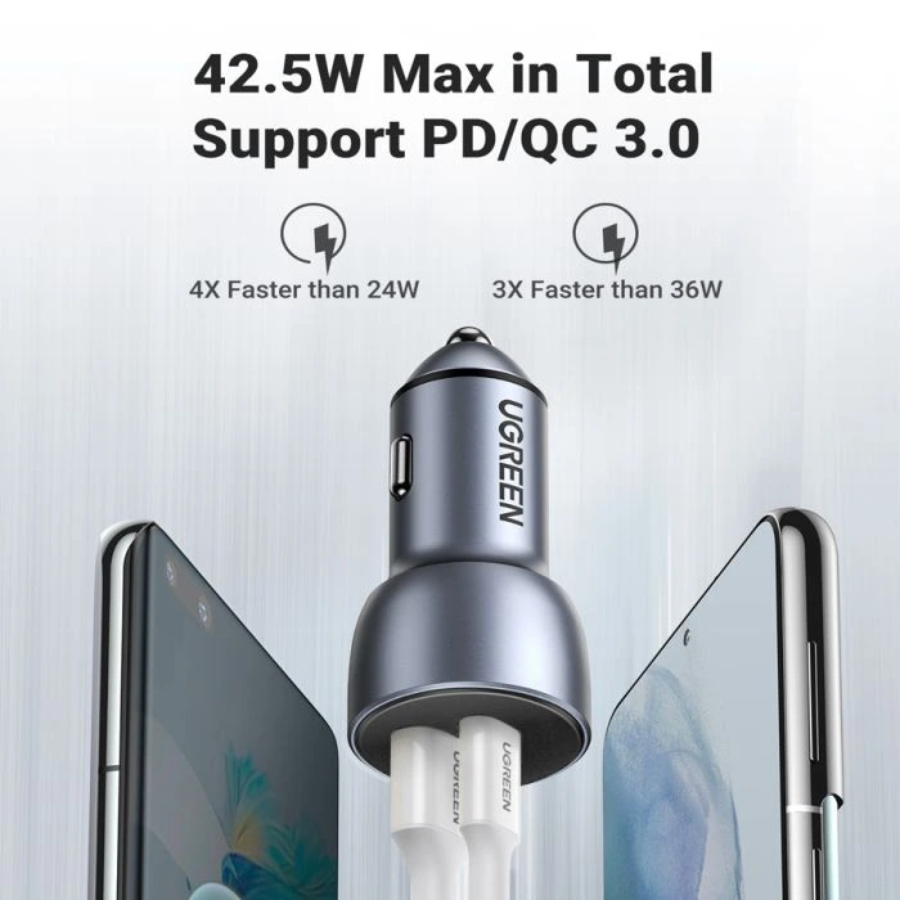 Ugreen 52.5W Fast Car Charger - Dual Port USB-C & USB-A Phone Adapter, PD & QC Support, Premium Aluminum Case