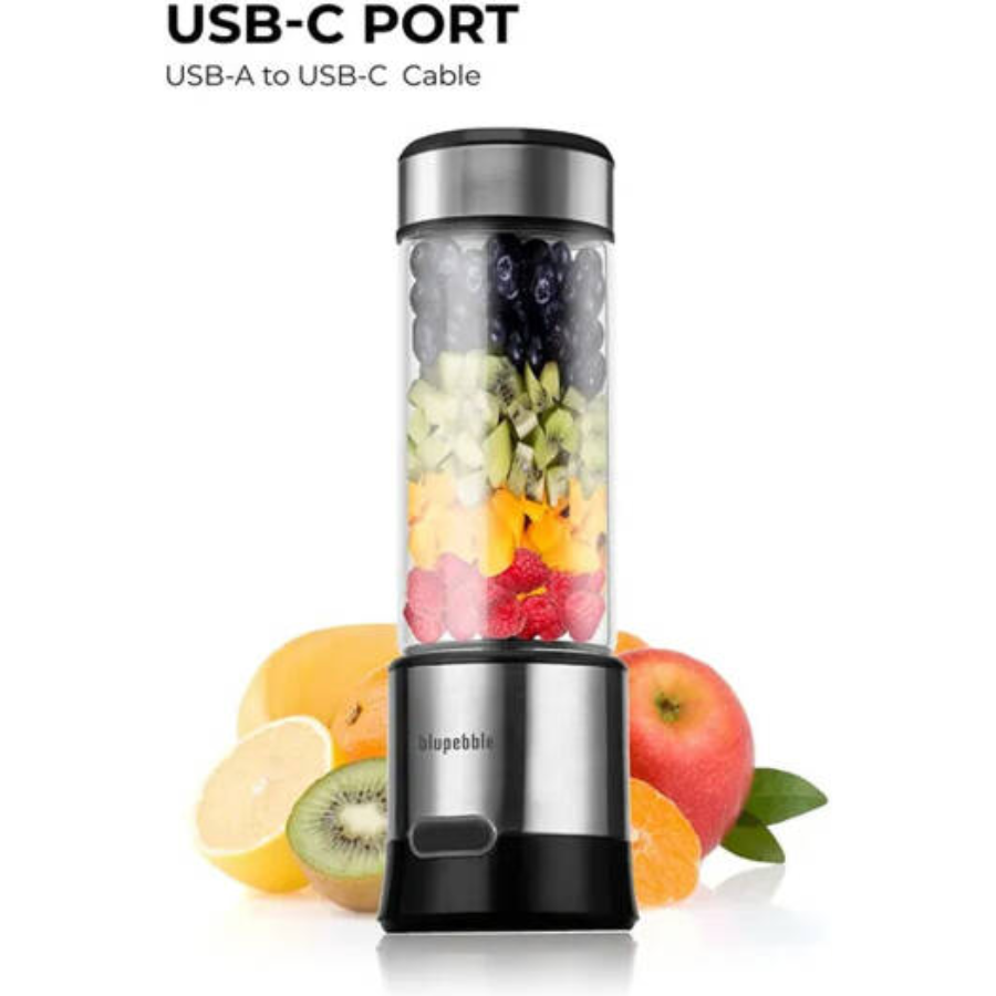 BluPebble Portable Rechargeable Blender 450ml Capacity 16500 RPM Personal Mixer with 6 Blades and USB C Charging Port
