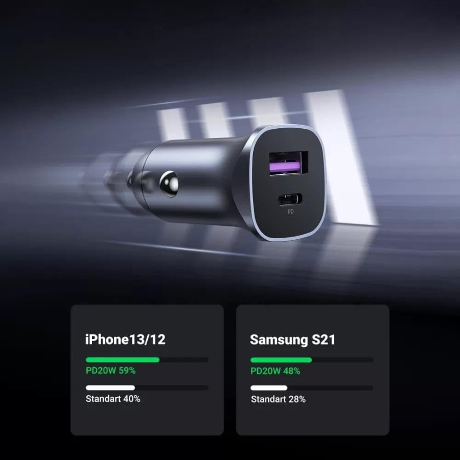 Ugreen Dual Port Car Charger 30W USB C and USB A Phone Charger with Durable Aluminum Alloy Case