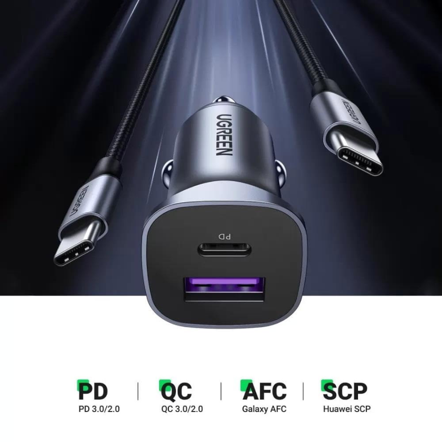 Ugreen Dual Port Car Charger 30W USB C and USB A Phone Charger with Durable Aluminum Alloy Case