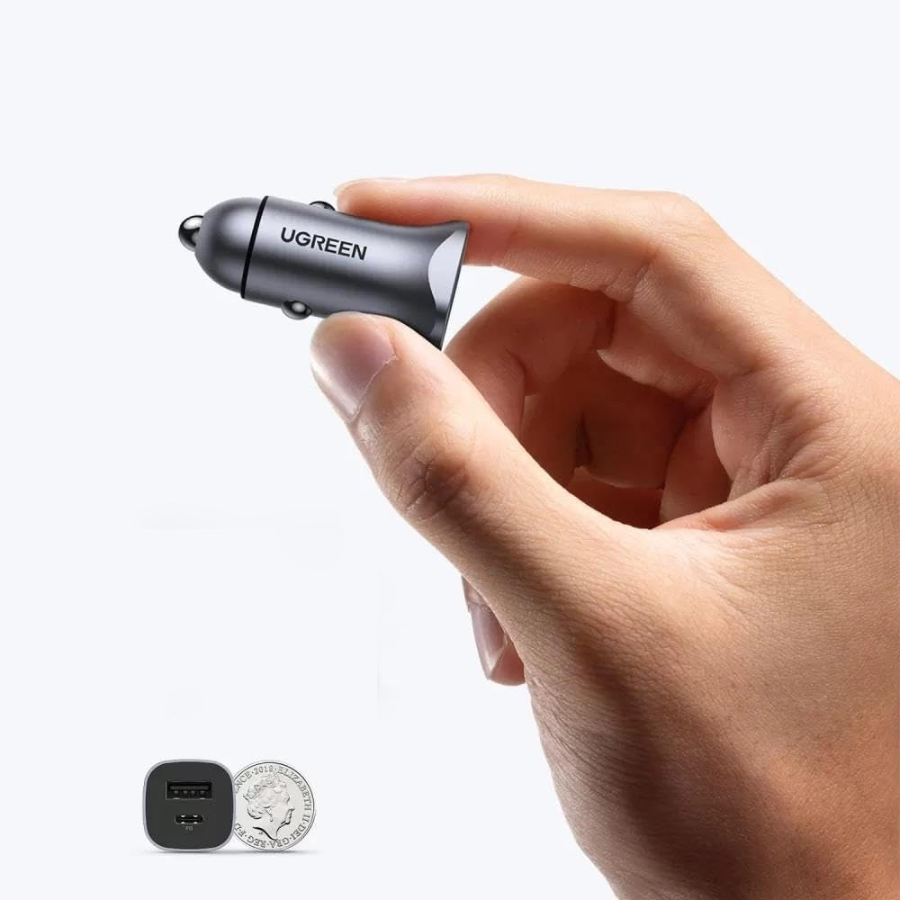 Ugreen Dual Port Car Charger 30W USB C and USB A Phone Charger with Durable Aluminum Alloy Case