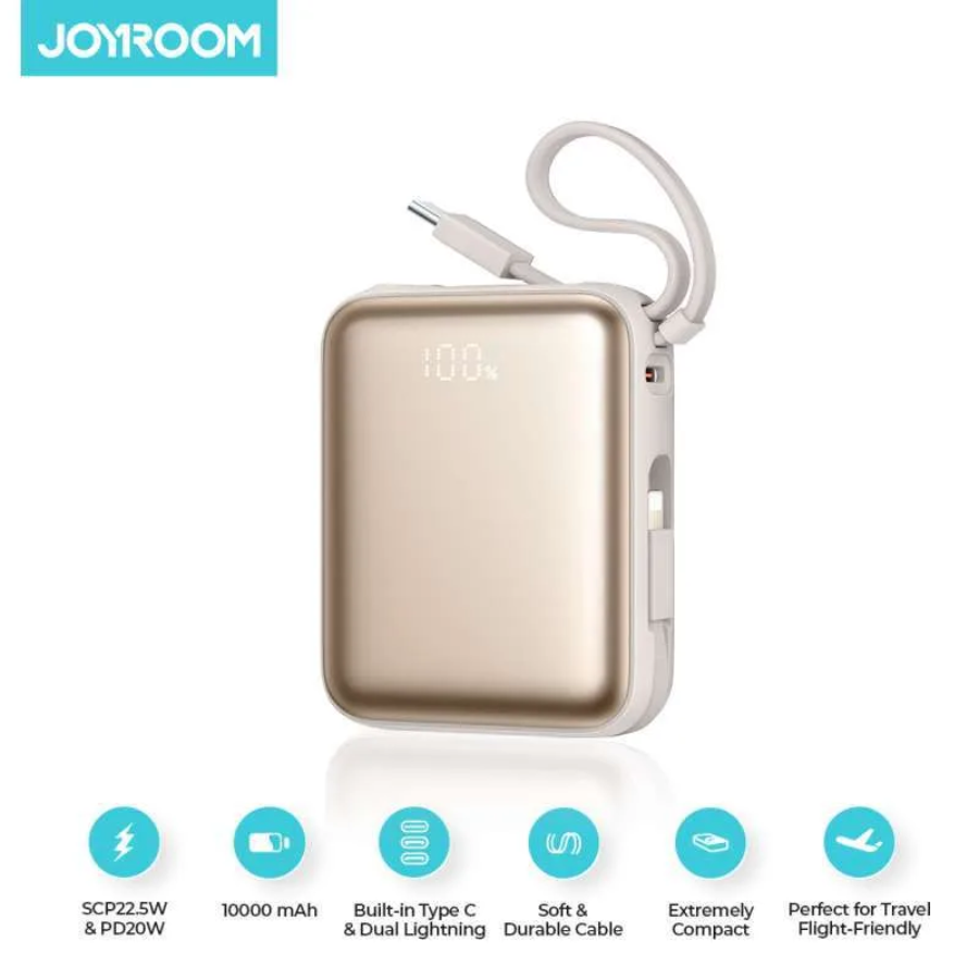 Joyroom JR-PBF27 22.5W Mini Power Bank - 10000mAh Capacity - Built-in Dual Fast Charging Cables (USB-C & Lightning) - PD 20W & QC 3.0 Support - Smart Digital Display - Compact Travel Battery - Multiple Protection System