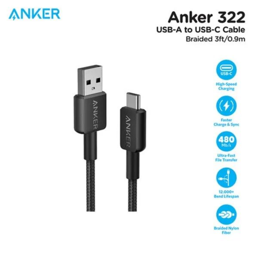 Anker 322 USB-A to USB-C Fast Charging Cable (0.9m) - Double-Braided Premium Nylon Cord, Ultra-Durable (Black)
