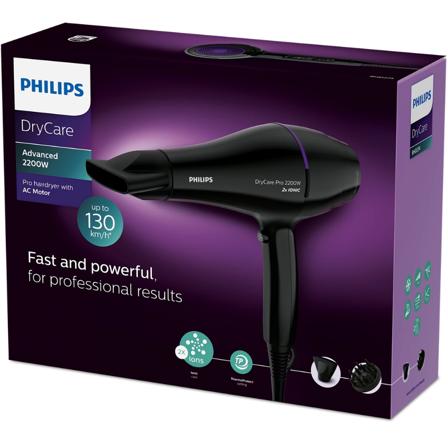 Philips DryCare Pro Hair Dryer - 2200W, AC Motor, Fast Drying, Ionic Conditioning, & Multiple Settings - BHD274