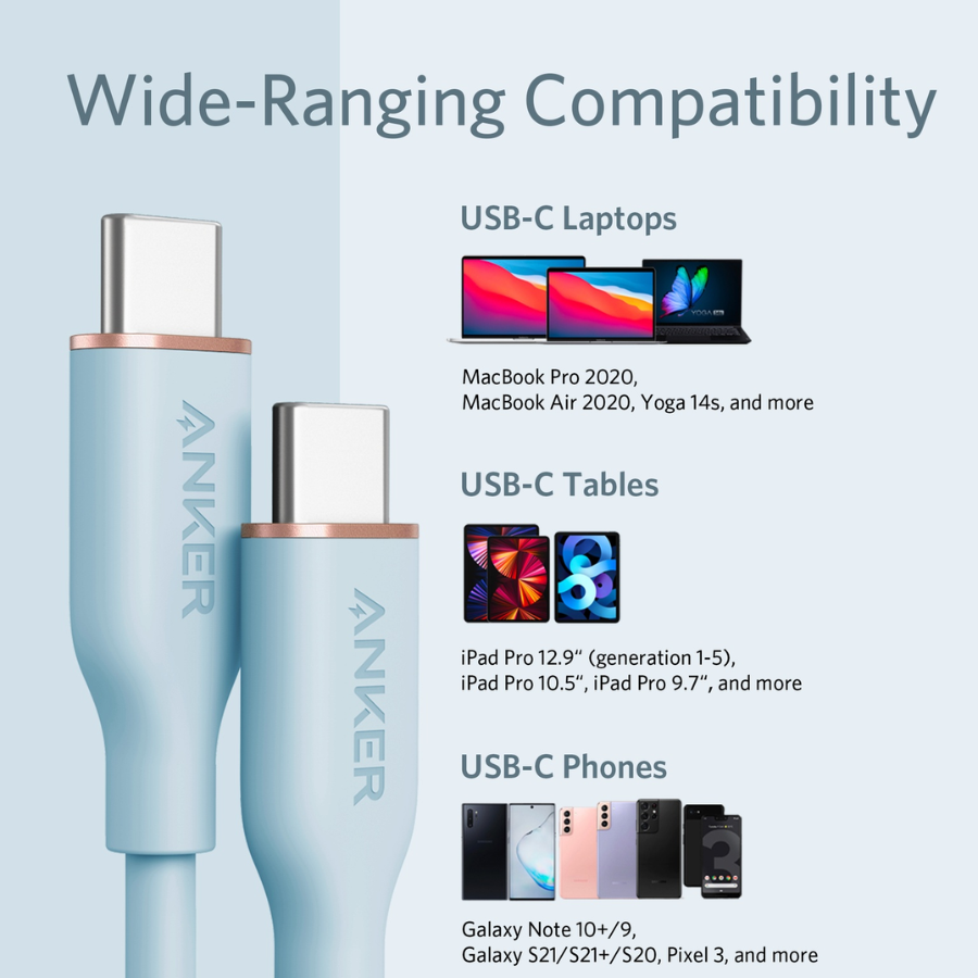 Anker PowerLine III Flow USB C to USB C Cable 100W Max Power Delivery 0.9m 3ft Super Soft Tangle Free Charging Cable