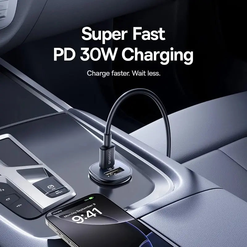 Baseus GoTrip 30W Fast Charging Car Charger - Dual Port USB-C & USB-A Compact Design