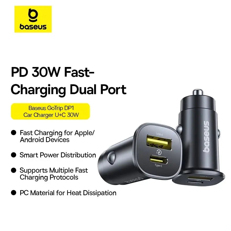 شاحن سيارة بيسوس جو تريب 30 واط شحن سريع - منفذ مزدوج USB-C و USB-A تصميم مدمج