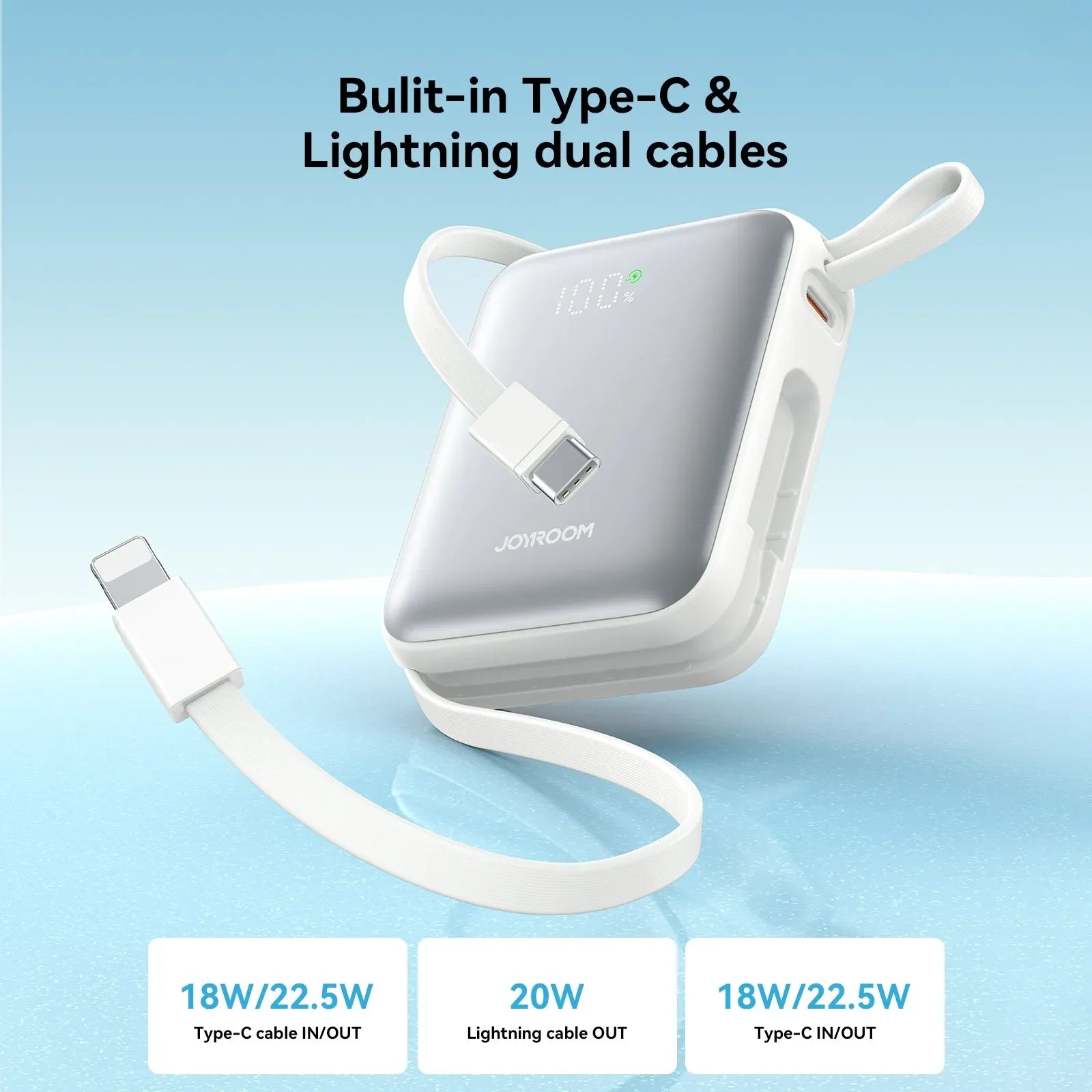 Joyroom JR-PBF27 22.5W Mini Power Bank - 10000mAh Capacity - Built-in Dual Fast Charging Cables (USB-C & Lightning) - PD 20W & QC 3.0 Support - Smart Digital Display - Compact Travel Battery - Multiple Protection System