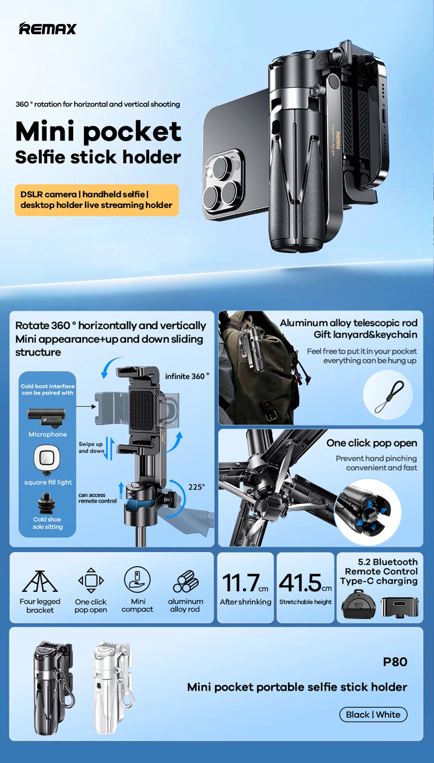 Remax P80 Mini Pocket Selfie Stick — Ultra-Compact Bluetooth Tripod with 360° Rotation