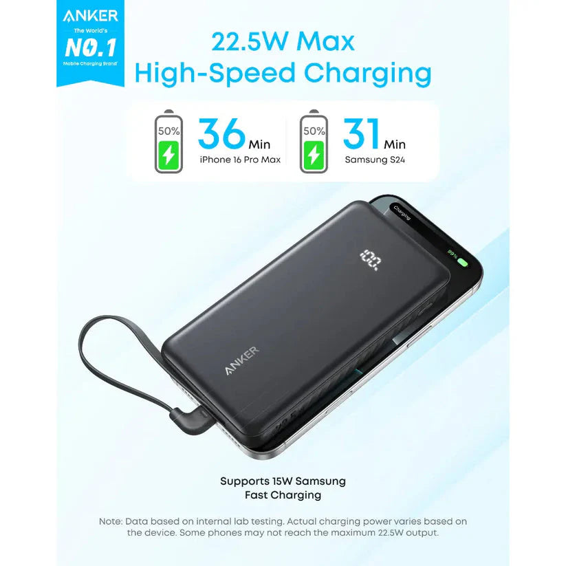Anker Zolo Power Bank 10,000mAh 22.5W with Built-In USB-C Cable