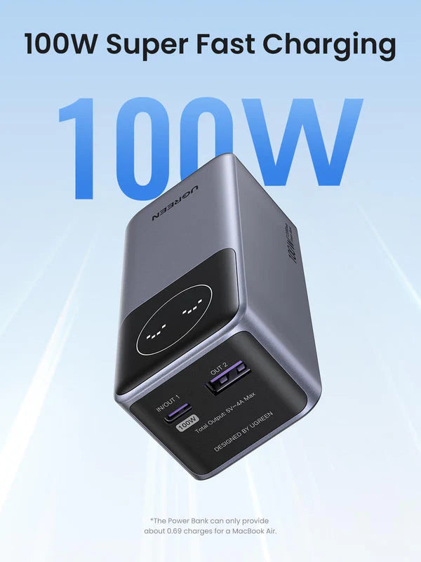 UGREEN Nexode Power Bank 12,000mAh 100W Fast Charging - Smart Digital Display - Dual Port Output (1x USB-C, 1x USB-A) - Ultra-Compact High-Power Portable Charger - Grey