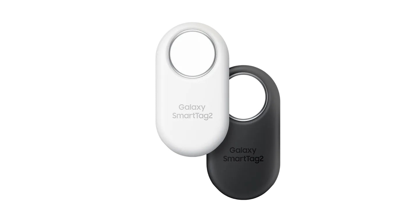 Two Galaxy SmartTag2 devices, one white and one black, on a light gray background.
